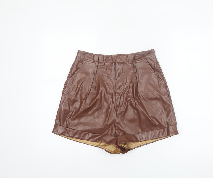 PrettyLittleThing Women Brown Faux Leather Short High Rise Skirt UK 10