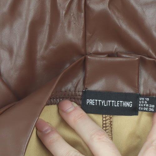 PrettyLittleThing Women Brown Faux Leather Short High Rise Skirt UK 10