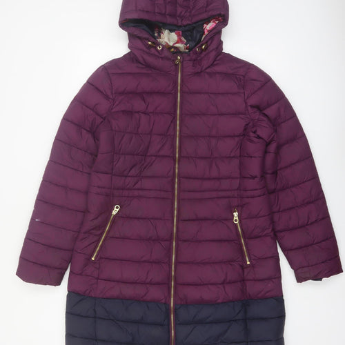 Joules Women's Purple Long Hooded Puffer Coat UK 12