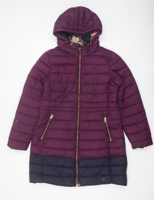 Joules Women's Purple Long Hooded Puffer Coat UK 12