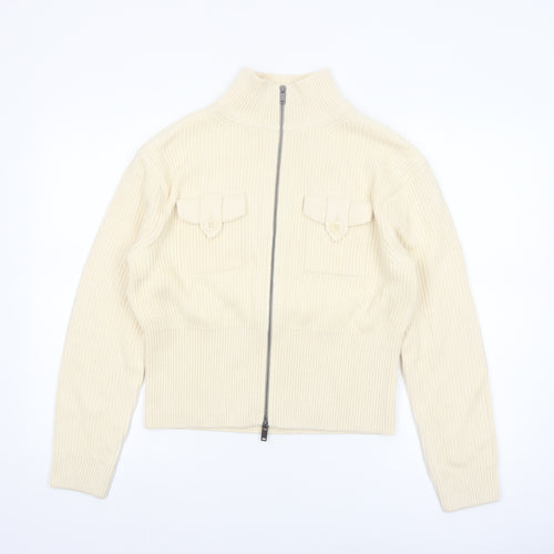 Marks and Spencer Women's Ivory Full Zip High Neck Cotton Blend Jumper Size S
