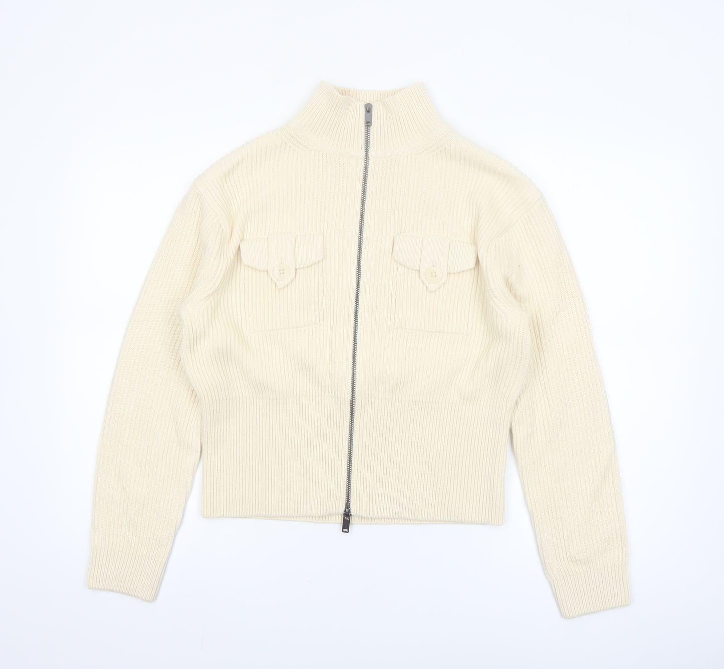 Marks and Spencer Women's Ivory Full Zip High Neck Cotton Blend Jumper Size S