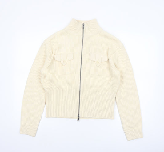 Marks and Spencer Women's Ivory Full Zip High Neck Cotton Blend Jumper Size S
