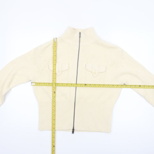 Marks and Spencer Women's Ivory Full Zip High Neck Cotton Blend Jumper Size S