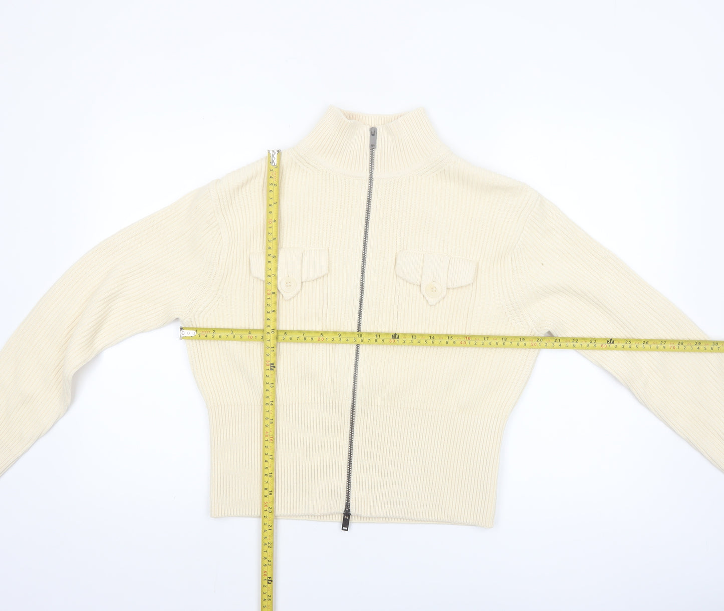 Marks and Spencer Women's Ivory Full Zip High Neck Cotton Blend Jumper Size S