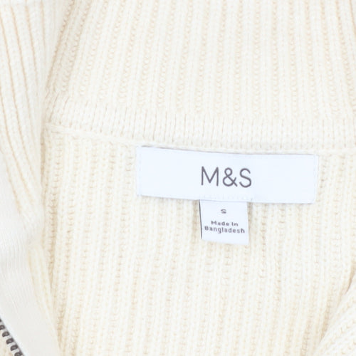 Marks and Spencer Women's Ivory Full Zip High Neck Cotton Blend Jumper Size S