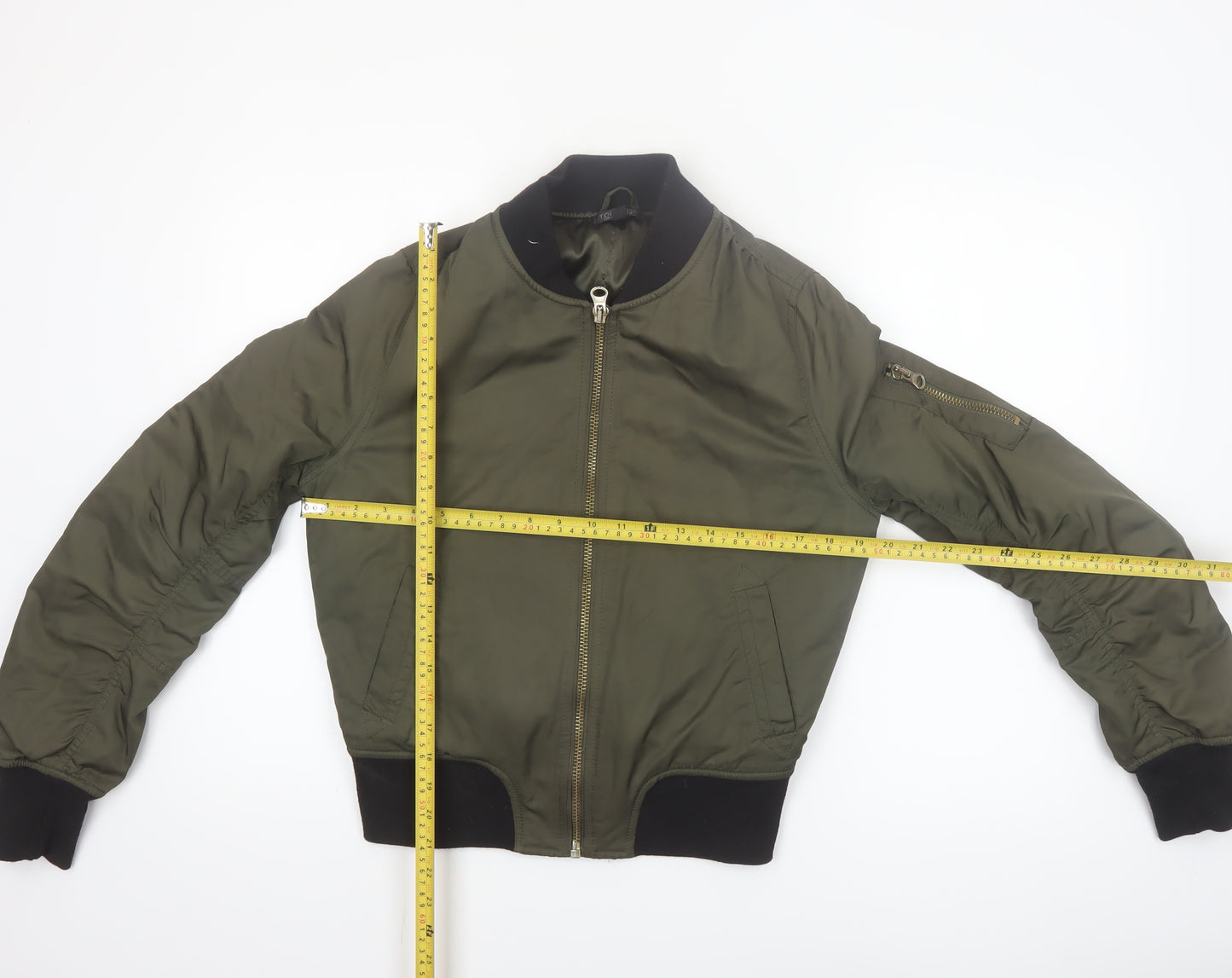 Topshop Women's Green Bomber Jacket UK 10 Cropped Classic Zip Style