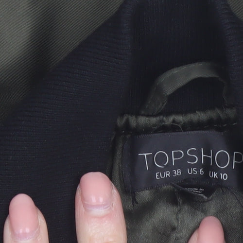 Topshop Women's Green Bomber Jacket UK 10 Cropped Classic Zip Style
