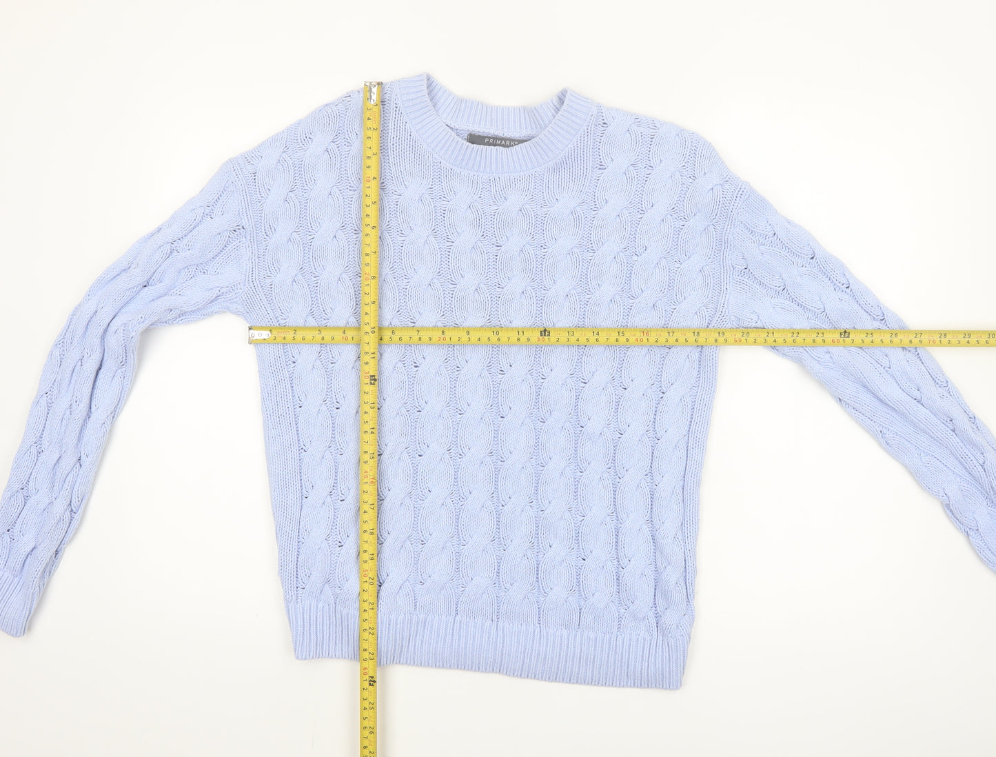 Primark Women Blue Cable-Knit Cotton Blend Pullover Jumper Size S