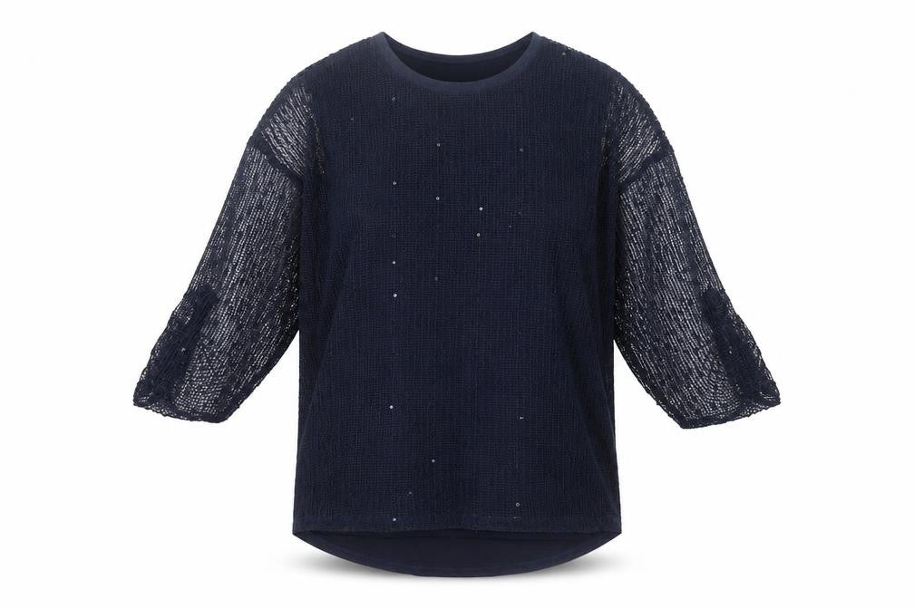 Nabella Women’s Blue Beaded Mesh 3/4 Sleeve Tunic Blouse Size M