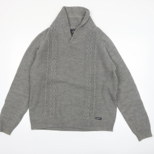 Threadbare Men's Grey Cable-Knit Shawl Collar Pullover Jumper Size L