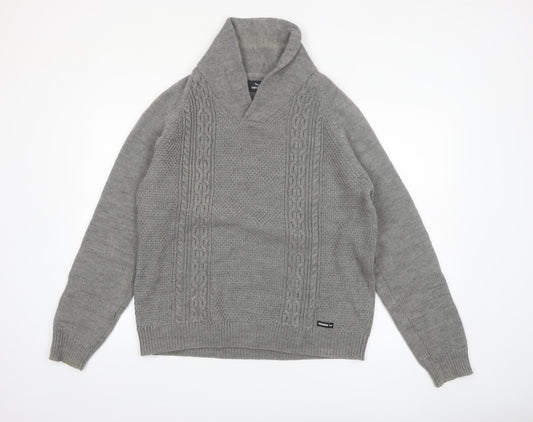 Threadbare Men's Grey Cable-Knit Shawl Collar Pullover Jumper Size L