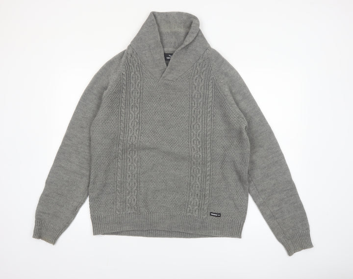 Threadbare Men's Grey Cable-Knit Shawl Collar Pullover Jumper Size L