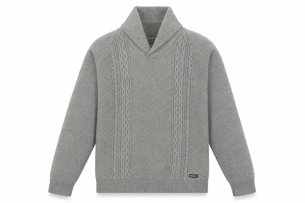 Front view of Threadbare Men's Grey Cable-Knit Shawl Collar jumper, size L