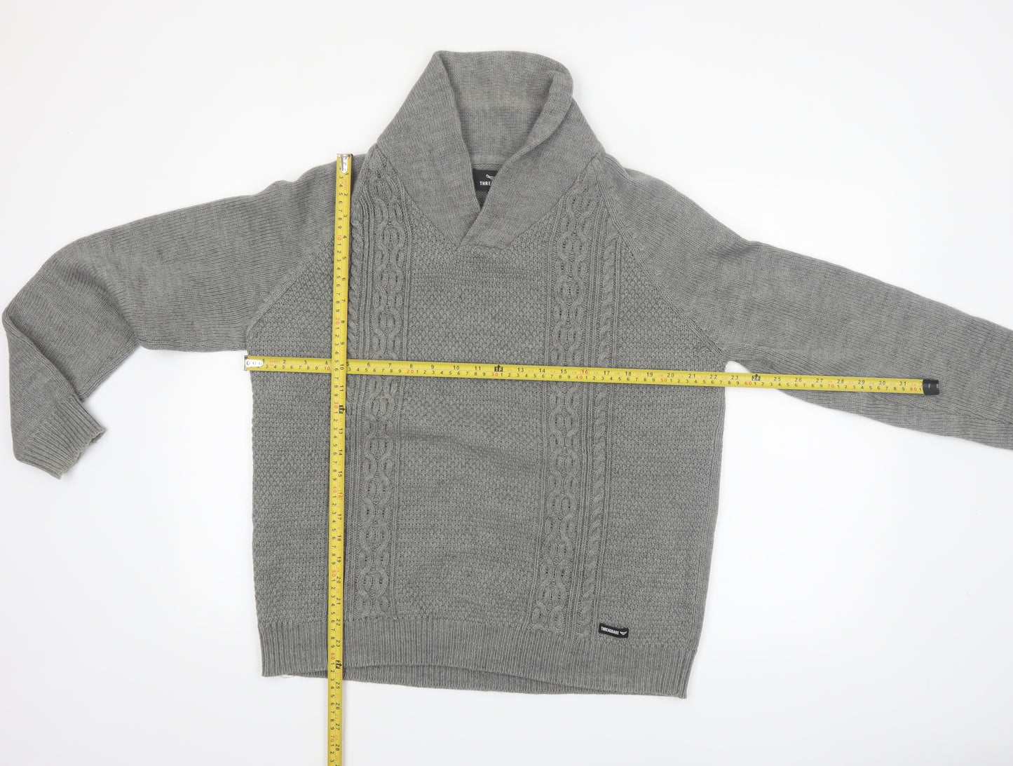 Threadbare Men's Grey Cable-Knit Shawl Collar Pullover Jumper Size L
