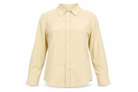 Front view of Liza Lovell Women Beige Button-Up Long Sleeve Polyester Shirt, size 10