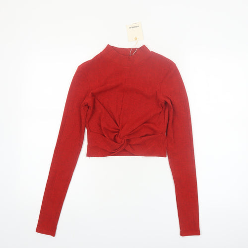 Pull & Bear Women’s Red Mock Neck Cropped Long Sleeve Top Size 8