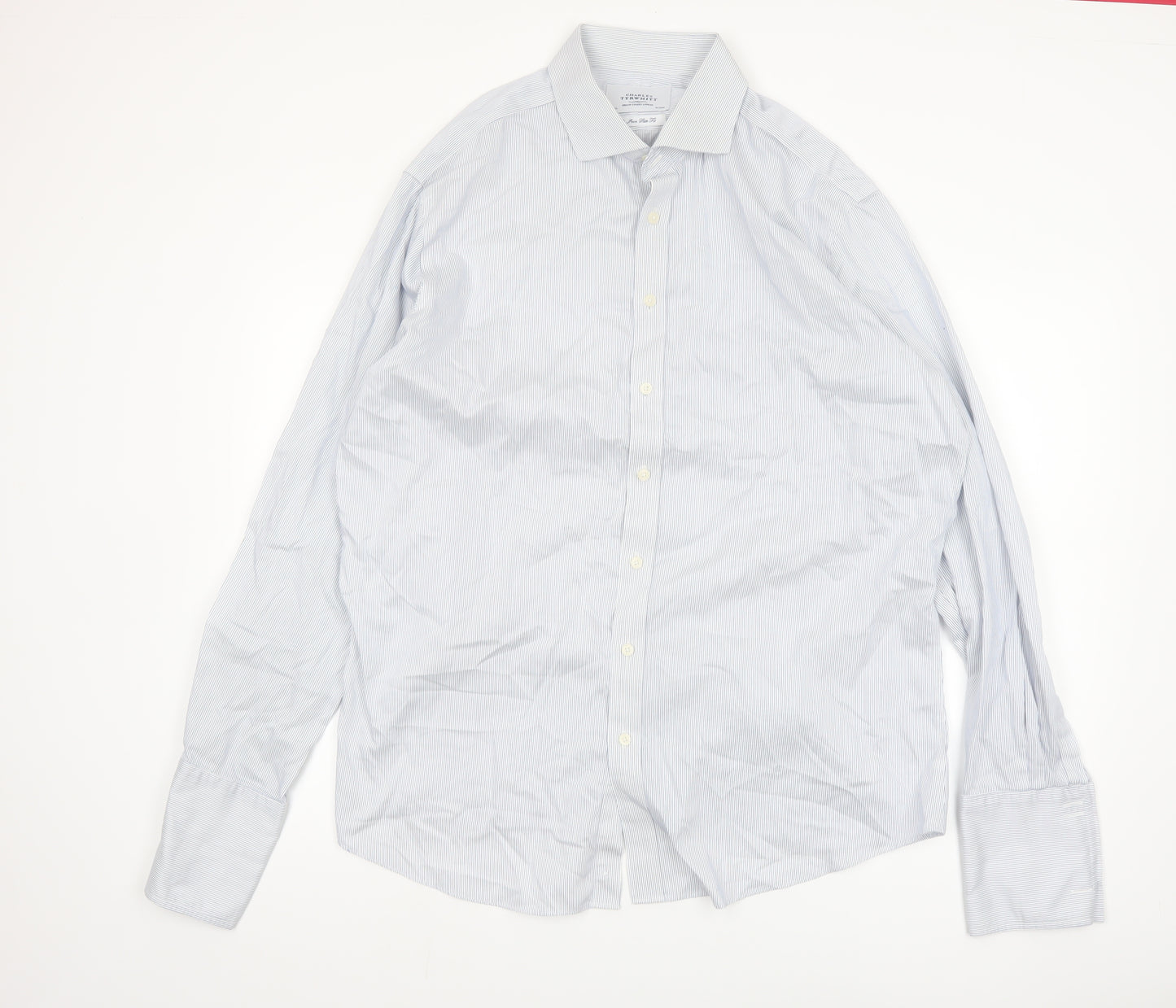 Charles Tyrwhitt Men's Blue Striped Slim Fit Non-Iron Cotton Shirt 18/46