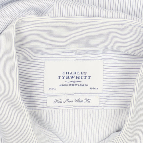 Charles Tyrwhitt Men's Blue Striped Slim Fit Non-Iron Cotton Shirt 18/46