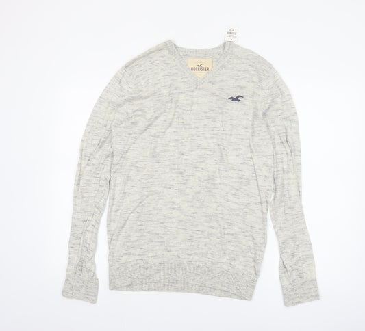 Hollister Men's Grey V-Neck Pullover Jumper Medium