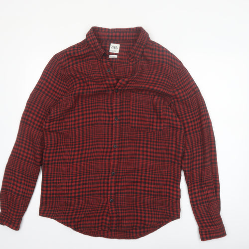 ZARA Men's Red Check Long Sleeve Relaxed Fit Button-Up Shirt Size M