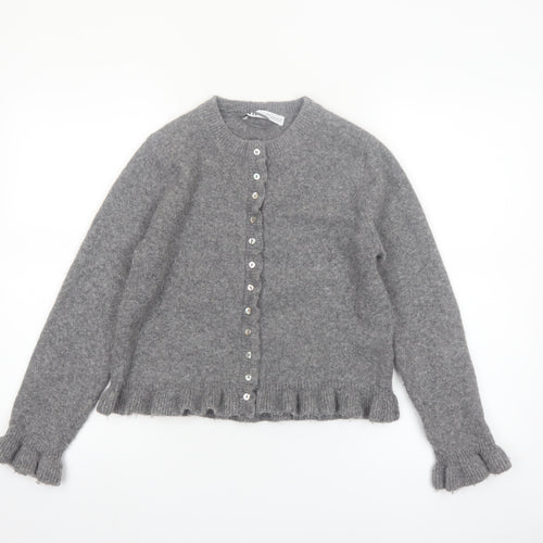 ZARA Womens Grey Knit Cardigan Small Ruffle Trim Lightweight