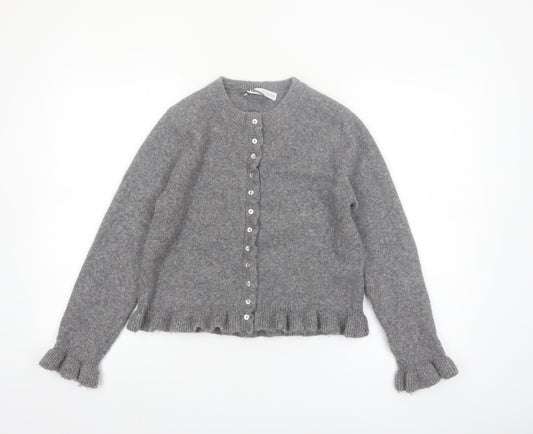 ZARA Womens Grey Knit Cardigan Small Ruffle Trim Lightweight