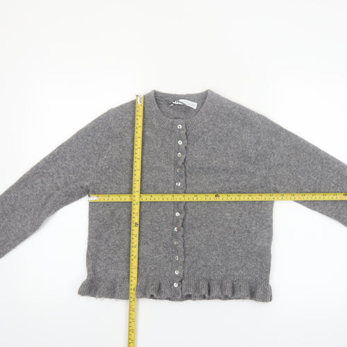 ZARA Womens Grey Knit Cardigan Small Ruffle Trim Lightweight