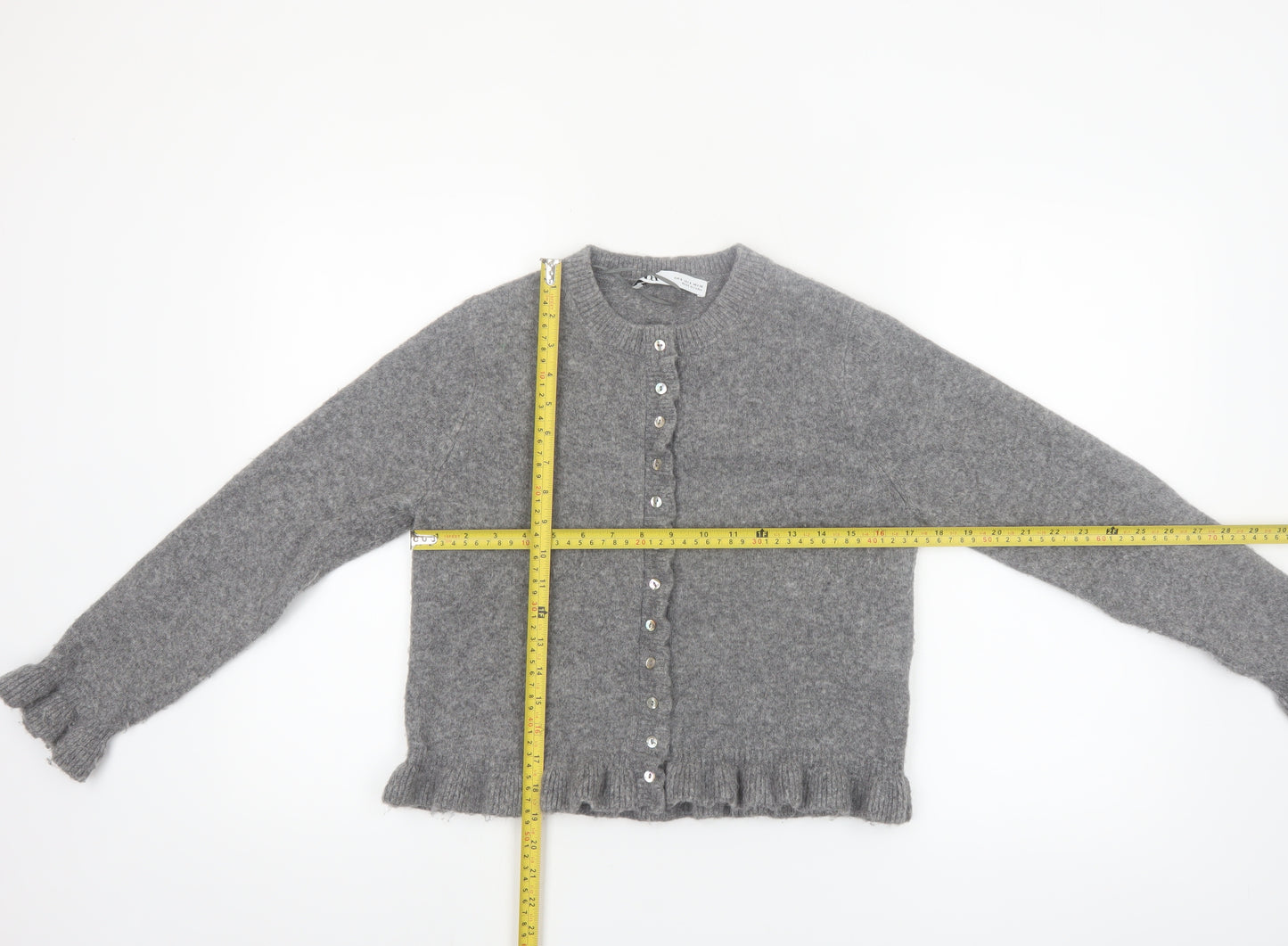 ZARA Womens Grey Knit Cardigan Small Ruffle Trim Lightweight