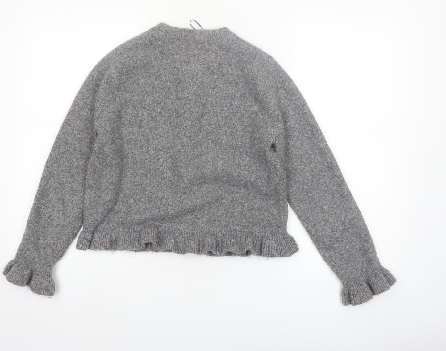 ZARA Womens Grey Knit Cardigan Small Ruffle Trim Lightweight