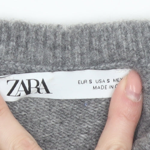 ZARA Womens Grey Knit Cardigan Small Ruffle Trim Lightweight