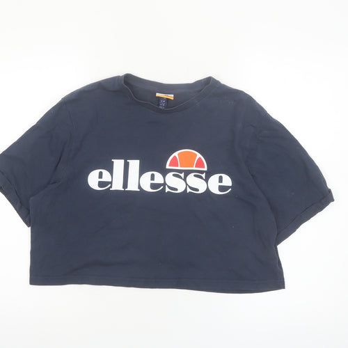 Ellesse Womens Blue Cropped T-Shirt UK 12 Classic Logo Cotton