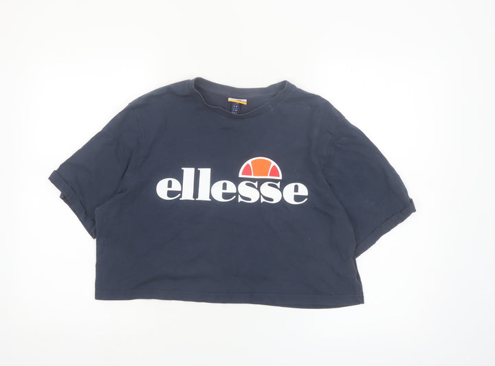 Ellesse Womens Blue Cropped T-Shirt UK 12 Classic Logo Cotton