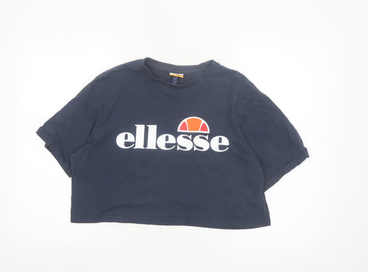Ellesse Womens Blue Cropped T-Shirt UK 12 Classic Logo Cotton