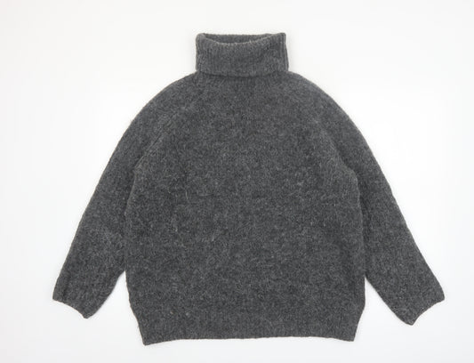 Zara Women's Grey Roll Neck Chunky-Knit Wool Blend Jumper Size S