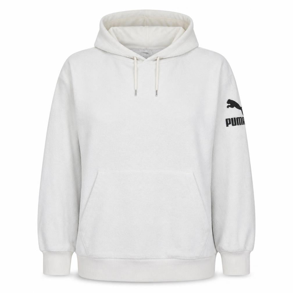 Front view of PUMA Women's Ivory XS Pullover Hoodie with Logo Sleeve Pocketed Sweatshirt