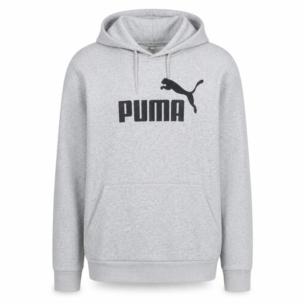 Front view of Puma men’s grey pullover hoodie m logo fleece sweatshirt