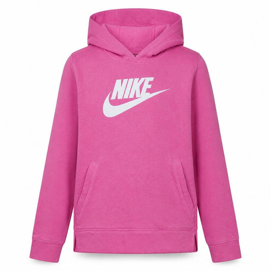 Front view of Nike girls’ pink pullover hoodie sweatshirt, size 146, fleece logo hooded