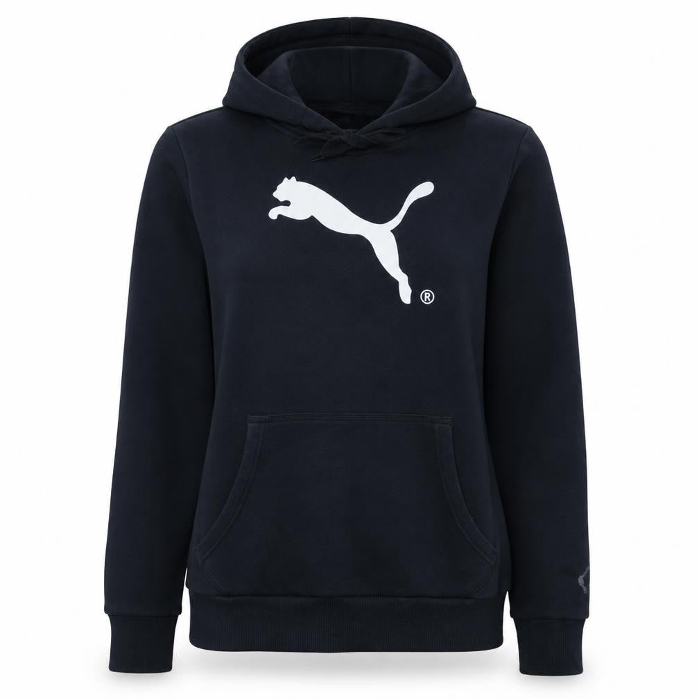 Front view of Puma Women's Black Pullover Hoodie Small Cotton Blend Logo Sweatshirt