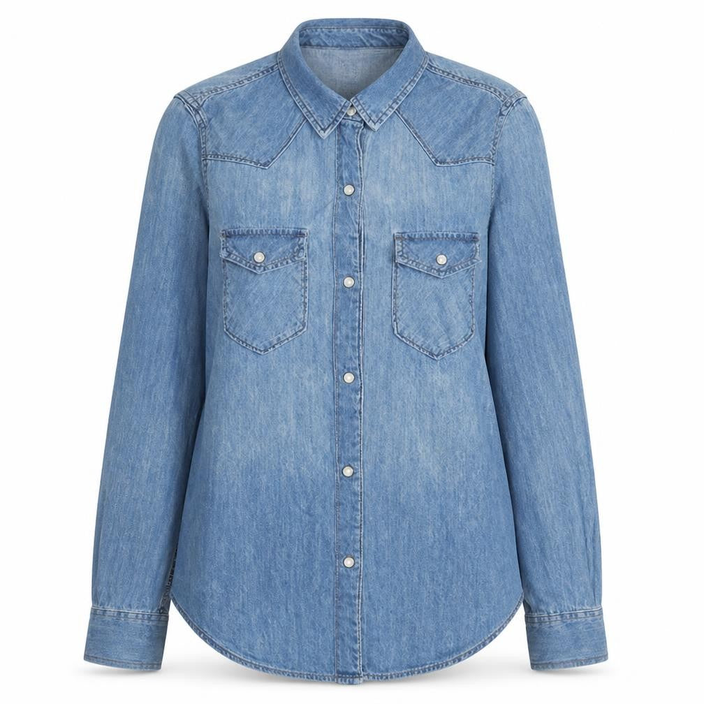 Front view of Gap Women Blue Denim Button-Up Long Sleeve Shirt, size S