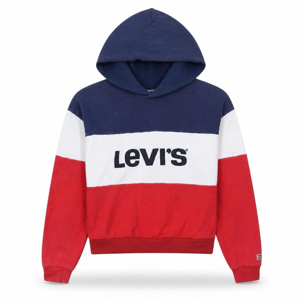 Front view of Levi's Women's Navy Red White Colourblock Hoodie XS Pullover Cotton