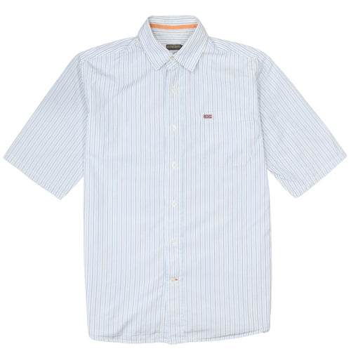 Napapijri Men Blue Striped Short Sleeve Button-Up Cotton Shirt L