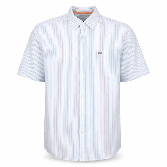 Front view of Napapijri Men Blue Striped Short Sleeve Button-Up Cotton Shirt L