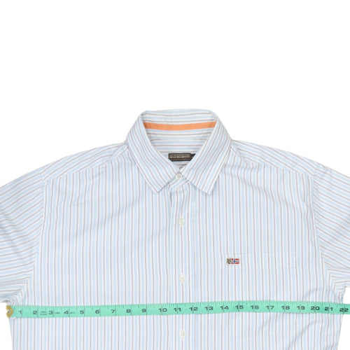 Napapijri Men Blue Striped Short Sleeve Button-Up Cotton Shirt L