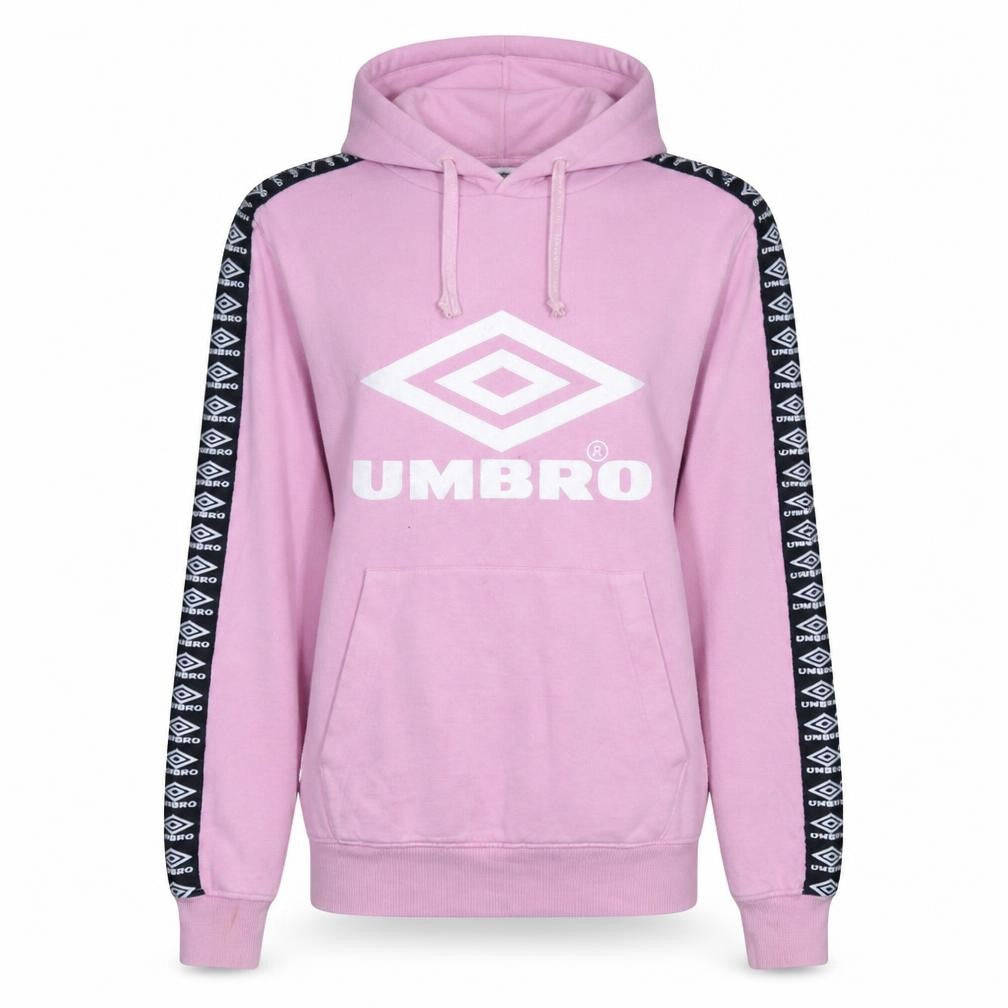 Front view of Umbro women’s pink hoodie small logo tape sleeve pullover