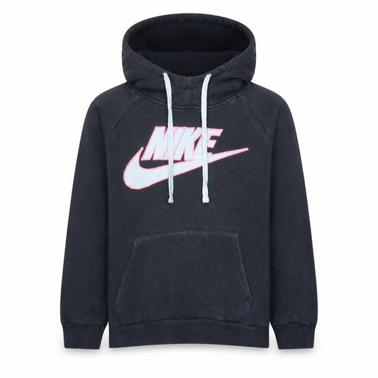 Front view of Nike girls’ black xl pullover hoodie with logo graphic print fleece