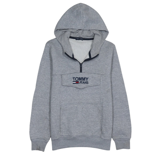 Tommy Hilfiger Mens Grey 1/4 Zip Hoodie M Logo Fleece Sweatshirt