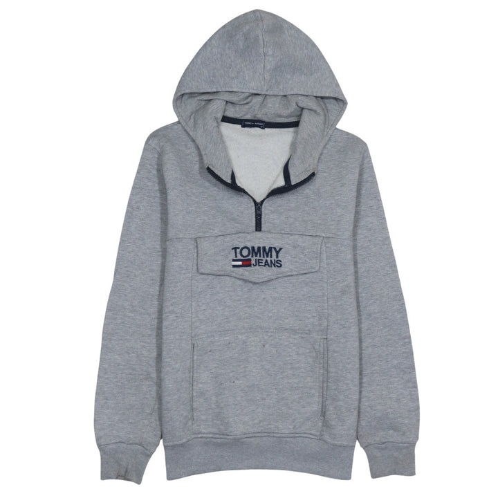 Tommy Hilfiger Mens Grey 1/4 Zip Hoodie M Logo Fleece Sweatshirt