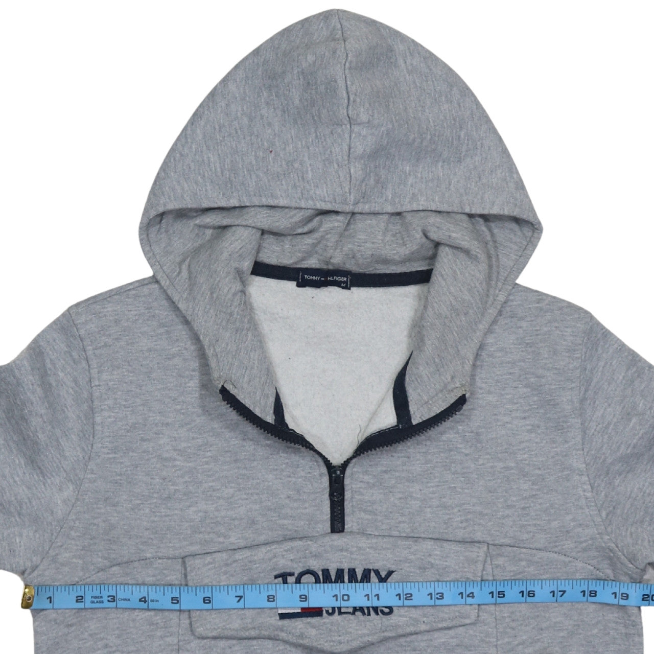 Tommy Hilfiger Mens Grey 1/4 Zip Hoodie M Logo Fleece Sweatshirt