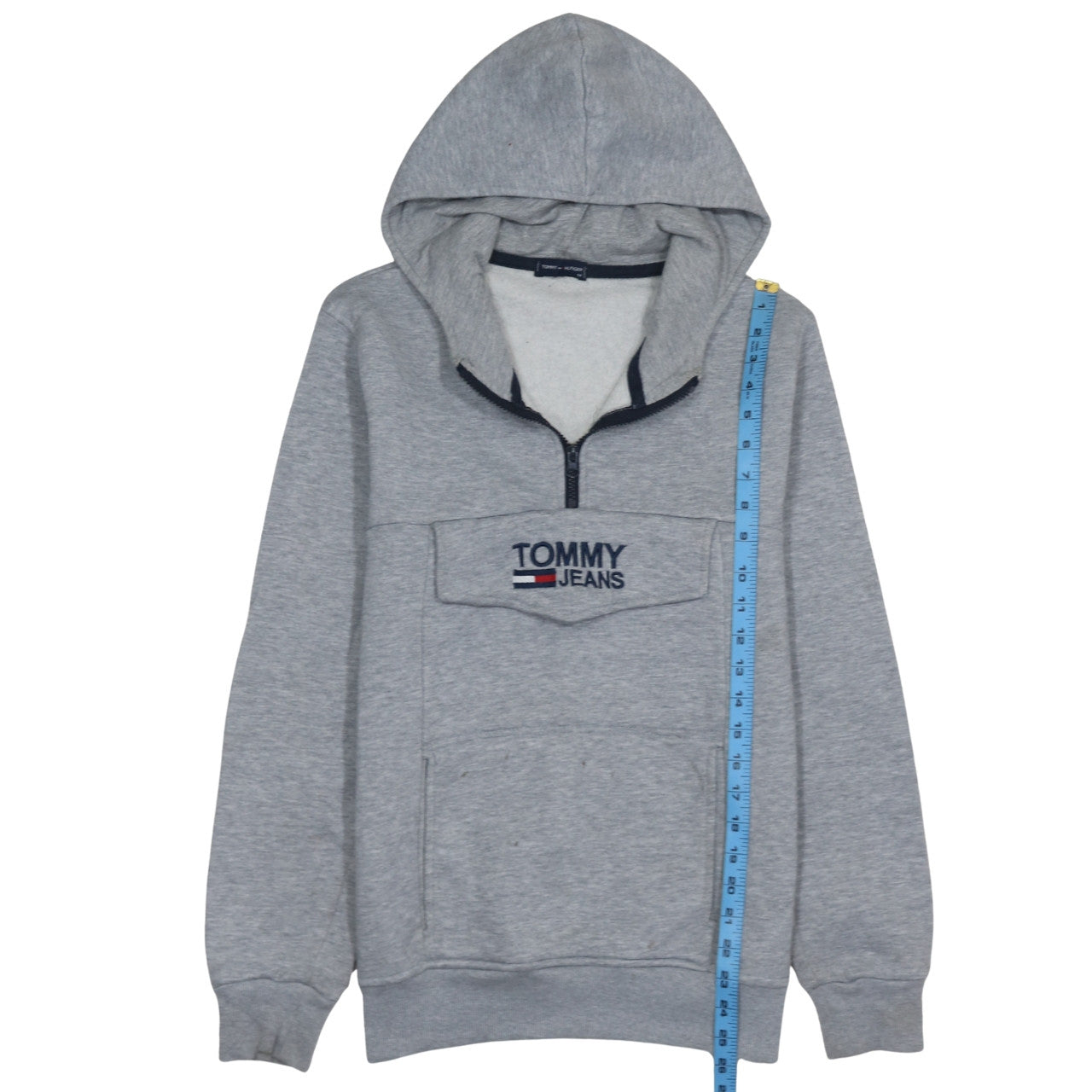 Tommy Hilfiger Mens Grey 1/4 Zip Hoodie M Logo Fleece Sweatshirt